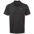A short-sleeved polo shirt with a dark gray and black striped pattern is displayed. The collar is casual, and a small logo appears on the upper left side.