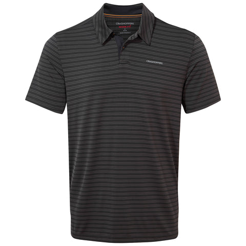 A short-sleeved polo shirt with a dark gray and black striped pattern is displayed. The collar is casual, and a small logo appears on the upper left side.