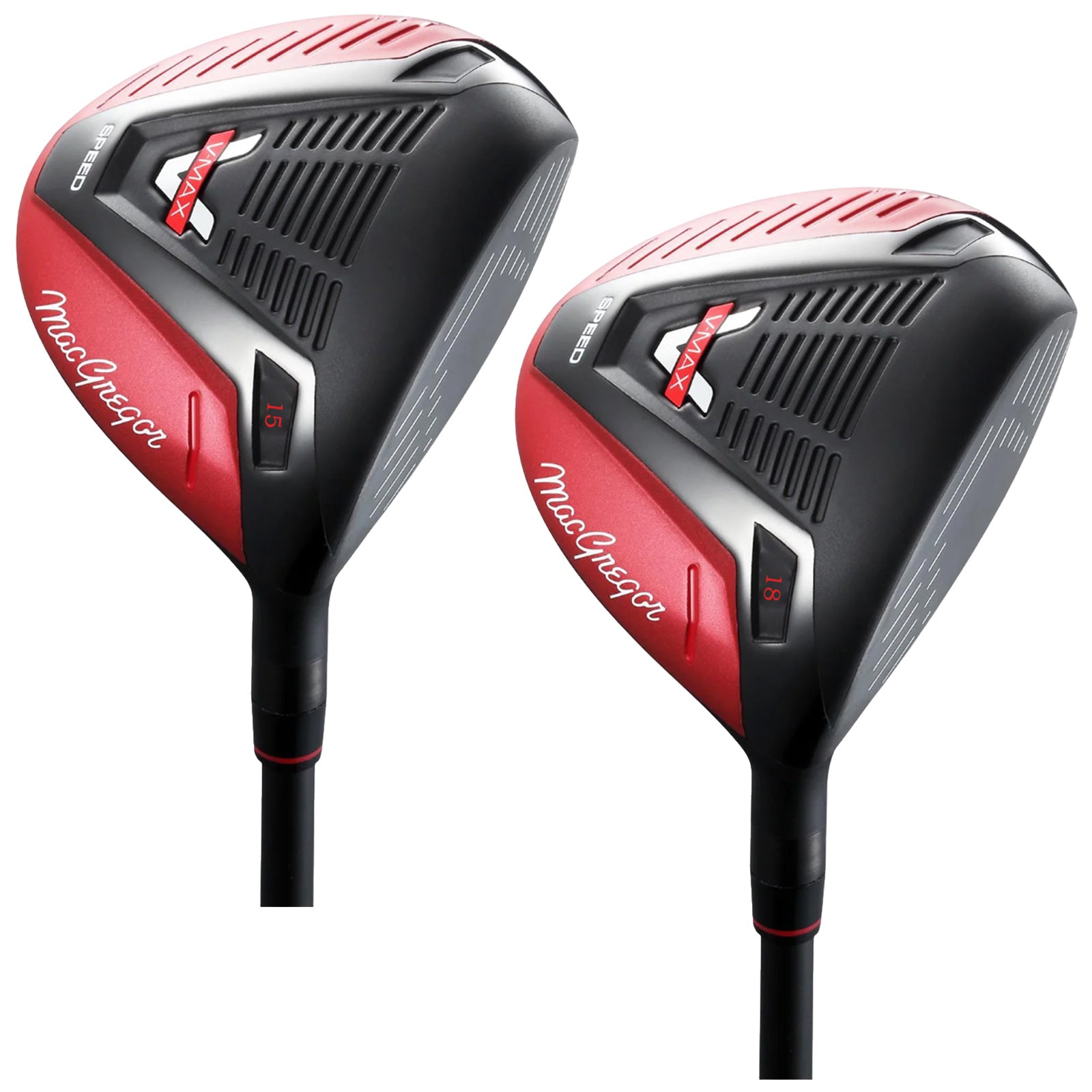 Two golf clubs are displayed side by side each features a black head with red accents and marked with 15 and 18 indicating different lofts they are designed for golfing activities.