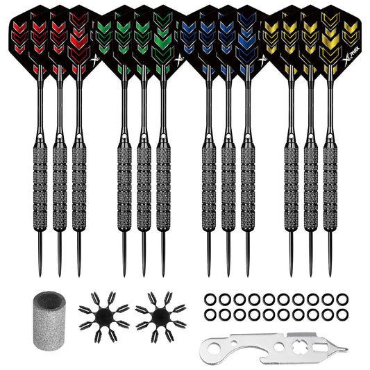 A set of ten darts with colorful flight designs in red, green, blue, and yellow stands upright next to additional accessories like a dart tool, ring sets, and flight protectors on a plain surface.