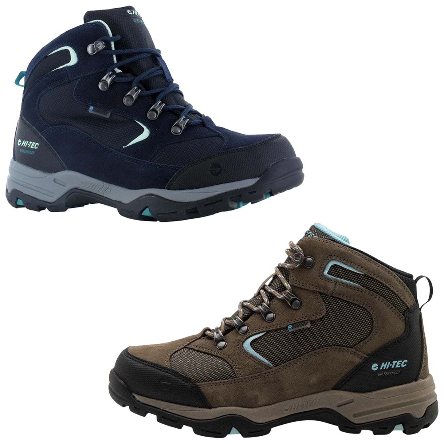 Hi-Tec Ladies Storm Boots Four pairs of hiking boots in different colors are displayed. The boots feature sturdy materials and laces, designed for outdoor activities. They are set against a plain background.