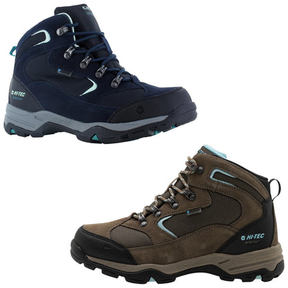 Hi-Tec Ladies Storm Boots Four pairs of hiking boots in different colors are displayed. The boots feature sturdy materials and laces, designed for outdoor activities. They are set against a plain background.