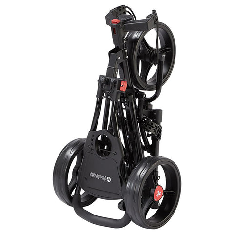 A black golf push cart is folded compactly with two large wheels showing. The cart is designed for easy transportation and storage, suitable for use on a golf course.