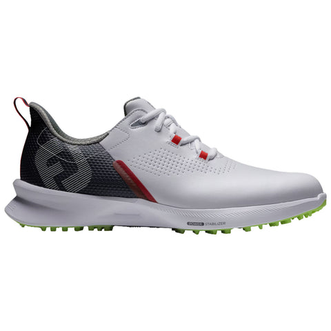 White athletic shoe featuring a textured stripe and red accents with a black heel area and green outsole designed for grip in outdoor environments.