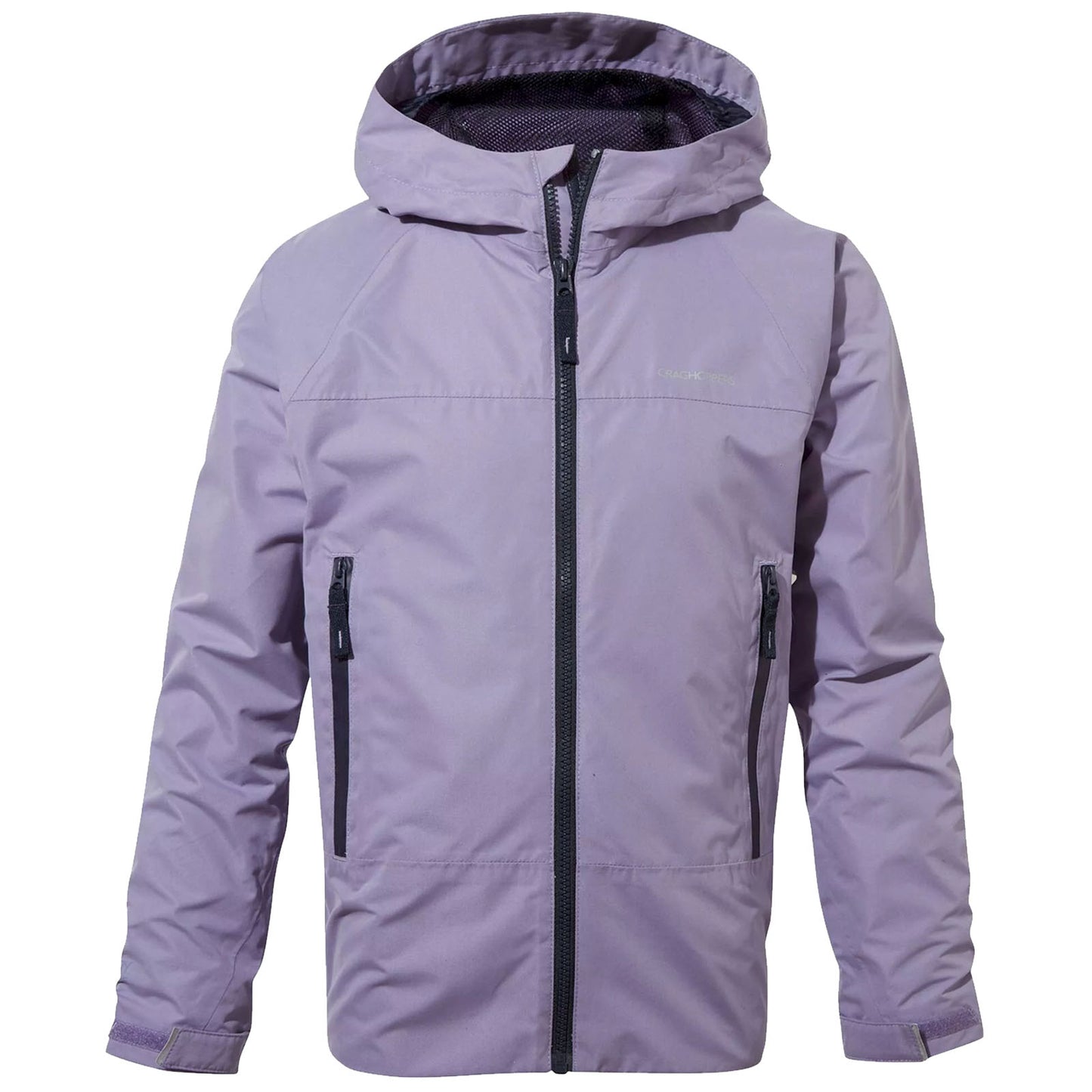 A purple jacket with a hood hangs vertically showcasing its front zip and two side zippered pockets in a neutral setting with no distractions.