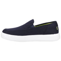 A navy slip-on shoe features a smooth upper and a thick white sole showcasing a casual design suitable for everyday wear on various surfaces.