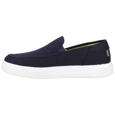 A navy slip-on shoe features a smooth upper and a thick white sole showcasing a casual design suitable for everyday wear on various surfaces.