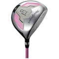 A metallic golf driver featuring a sleek pink and silver design positioned upright. The clubhead shows engraved branding with a smooth surface and a tapered pink shaft suggesting readiness for use on a golf course.