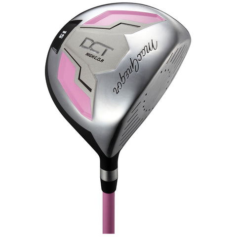 A metallic golf driver featuring a sleek pink and silver design positioned upright. The clubhead shows engraved branding with a smooth surface and a tapered pink shaft suggesting readiness for use on a golf course.