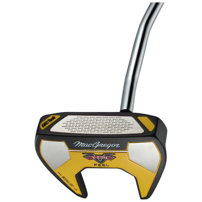 A golf putter designed with a black and yellow finish is positioned upright showing its hollow head and curved shaft for alignment aimed at precision golfing on a green surface.