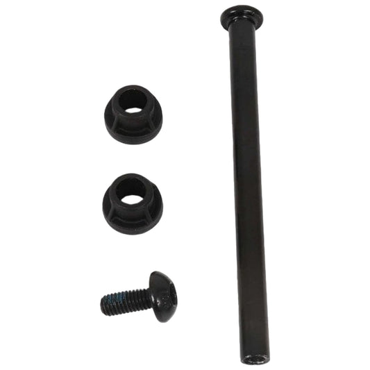 A long black metal rod is positioned vertically alongside two black rubber spacers and a black screw with a rounded head lying horizontally on a neutral background.