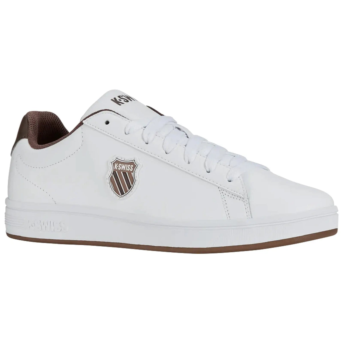 A white sneaker with a brown interior and a brown logo on the side is positioned at an angle showcasing its design and structure in a neutral background.