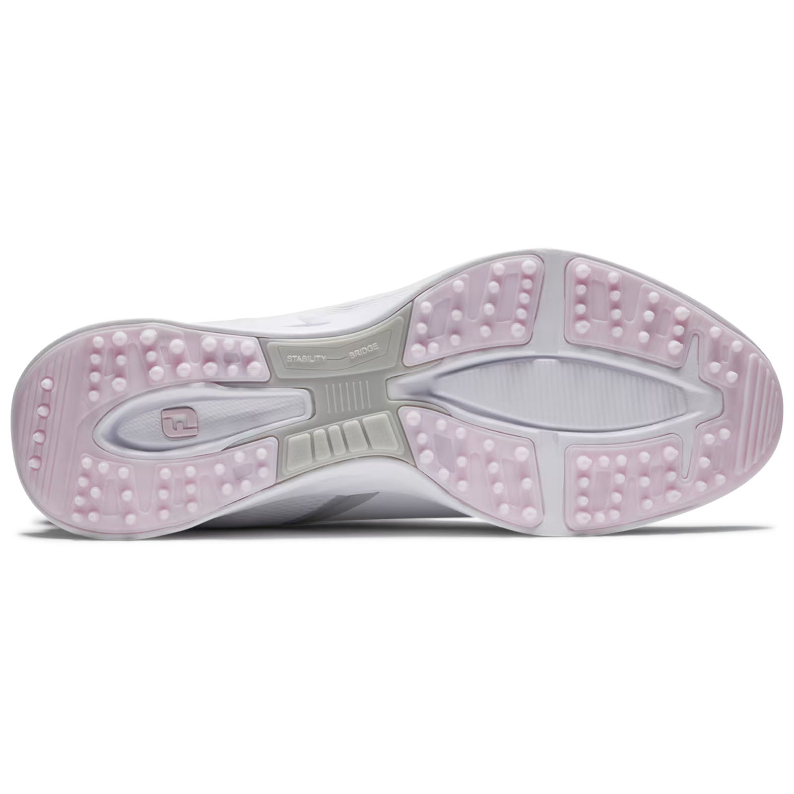 A sneaker sole with a pattern of pink cushioning pegs and a central stability bridge lies flat displaying its design ready for athletic use on indoor surfaces