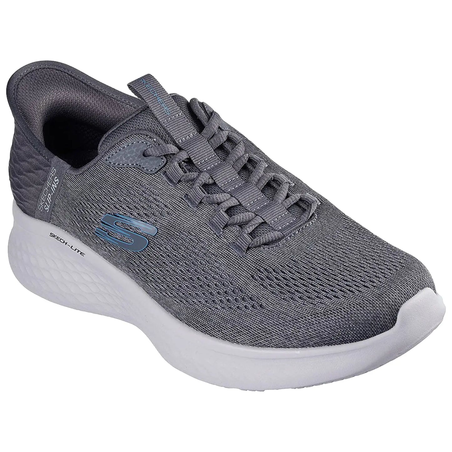 A gray athletic shoe is shown resting on a flat surface featuring a textured upper with laces and a cushioned sole designed for comfort and support during physical activities.