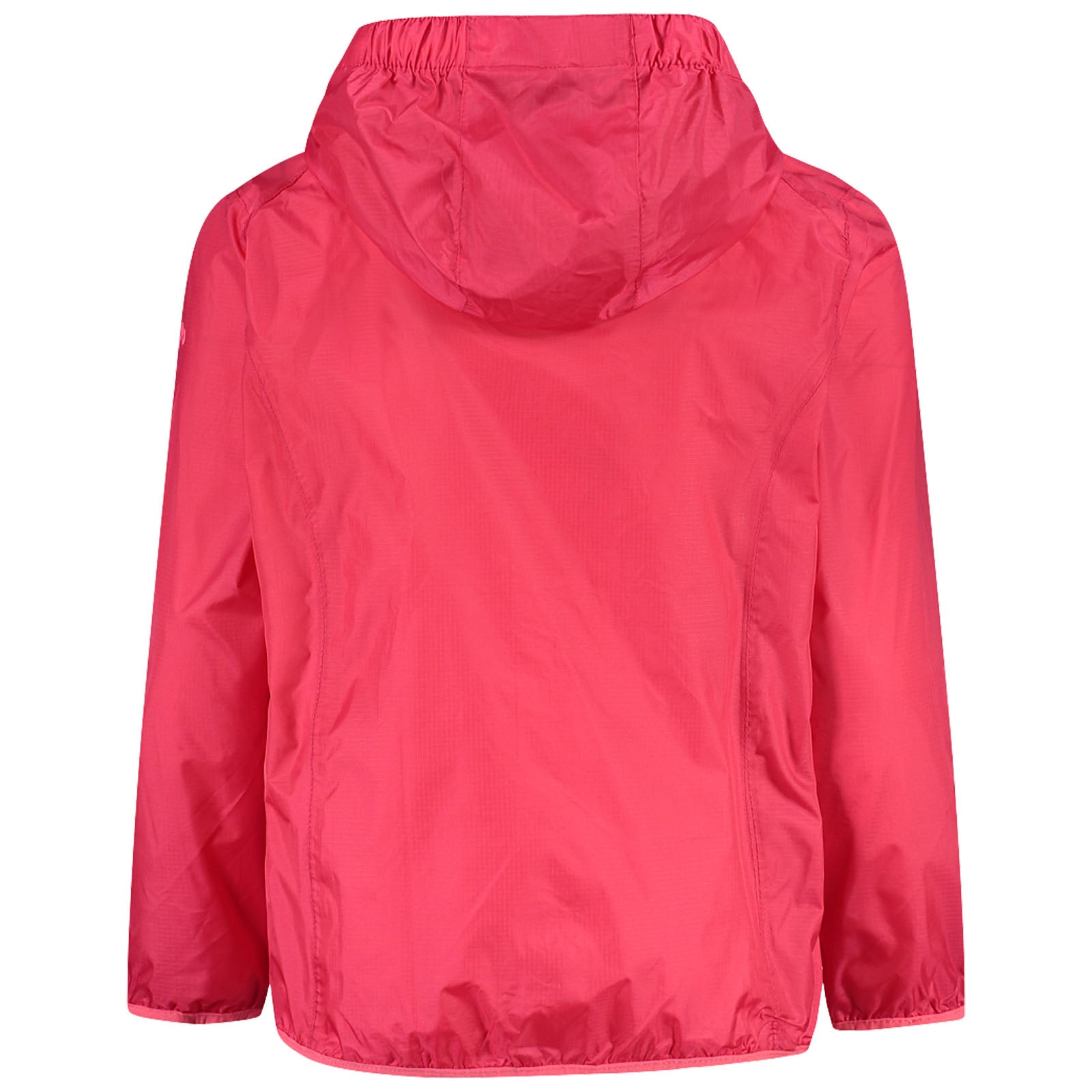A bright pink jacket hangs with a hood and long sleeves showcasing a lightweight fabric texture in a neutral background highlighting its color and design features.
