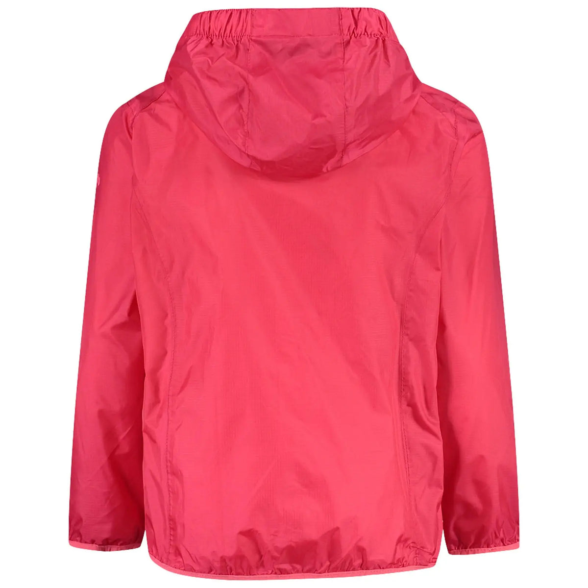 A bright pink jacket hangs with a hood and long sleeves showcasing a lightweight fabric texture in a neutral background highlighting its color and design features.