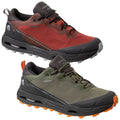 Two pairs of outdoor shoes are displayed side by side. One pair is red with black accents while the other is green with an orange sole. Both feature a rugged design suitable for various terrains.