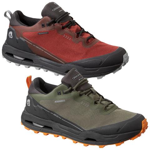 Two pairs of outdoor shoes are displayed side by side. One pair is red with black accents while the other is green with an orange sole. Both feature a rugged design suitable for various terrains.
