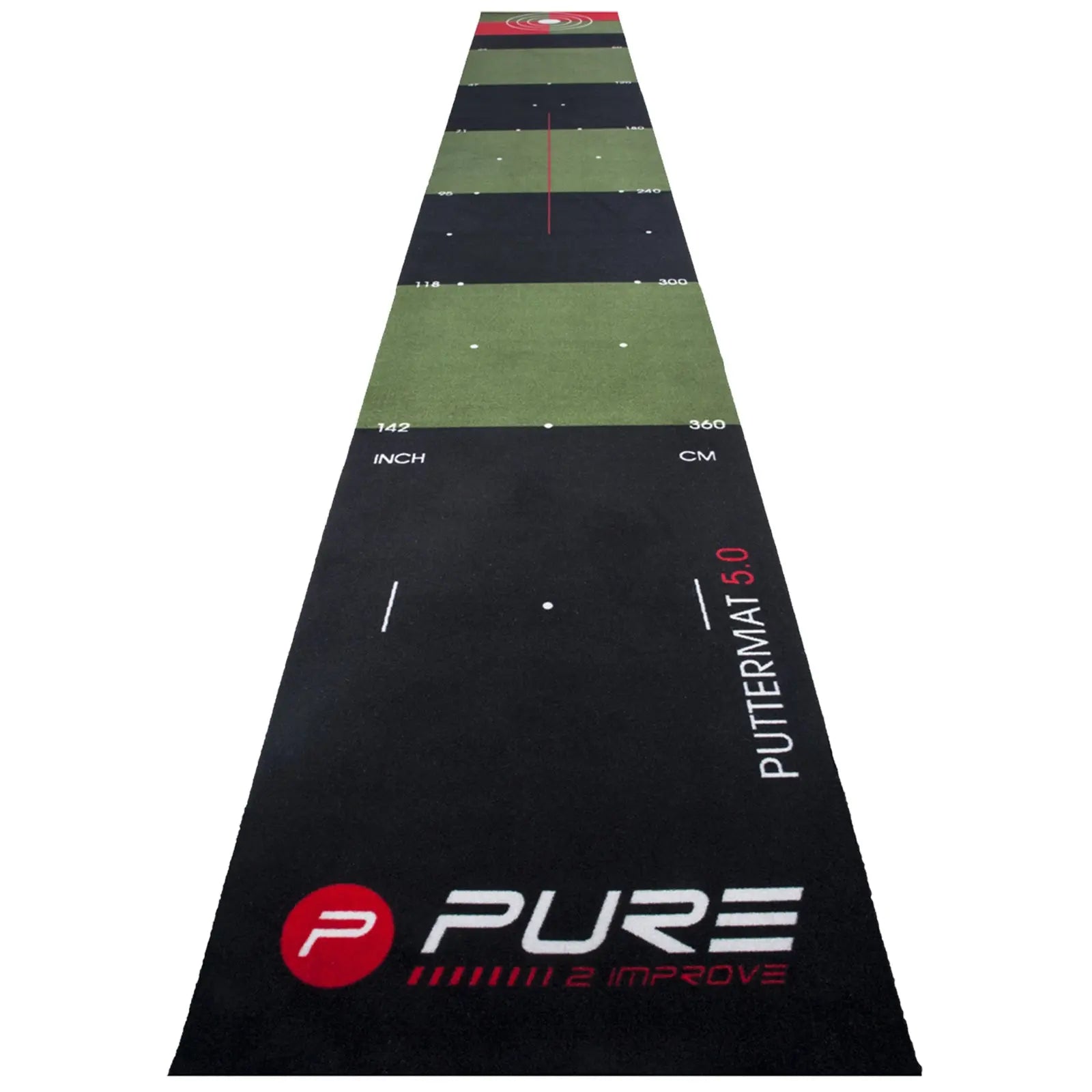 A long putt training mat features multiple green and black sections with distance markers in inches and centimeters designed for putting practice in an indoor setting. Red markings guide alignment.