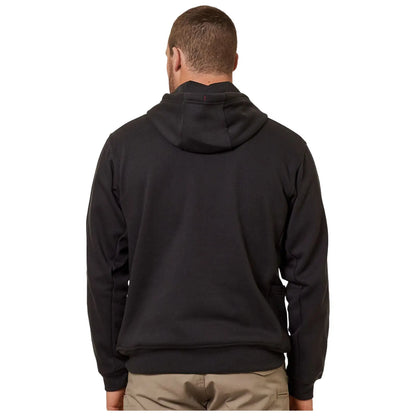 A person is wearing a black hoodie with the hood up standing with their back to the viewer in a neutral setting. The focus is on the hoodie.