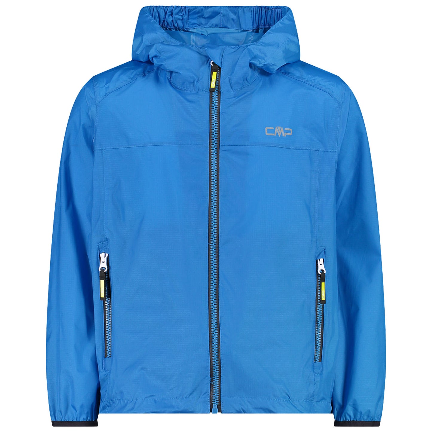 A blue lightweight jacket with a hood is displayed frontally featuring a full zipper and side pockets designed for outdoor activities in casual settings.