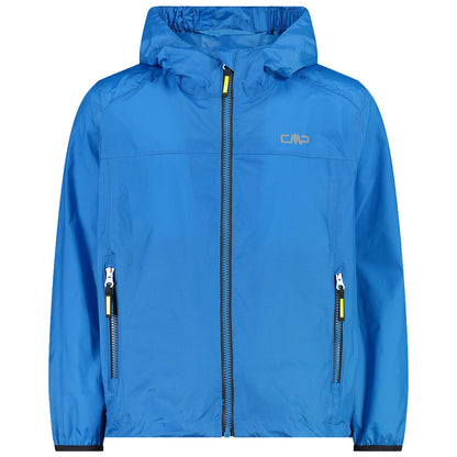 A blue lightweight jacket with a hood is displayed frontally featuring a full zipper and side pockets designed for outdoor activities in casual settings.