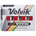 A box contains four red golf balls labeled Volvik Vivid arranged neatly with the label stating New Vivid and the tagline The World's First Ever Matte Finish Golf Ball.