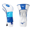 A pair of golf club headcovers in white and blue sits upright showcasing their sleek design and Mizuno logo with a padded interior for club protection.