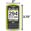 A yellow and black golf GPS device displays a screen showing hole information with yardage details including 294 yards and additional measurements for the hole while surrounded by button controls at the bottom.
