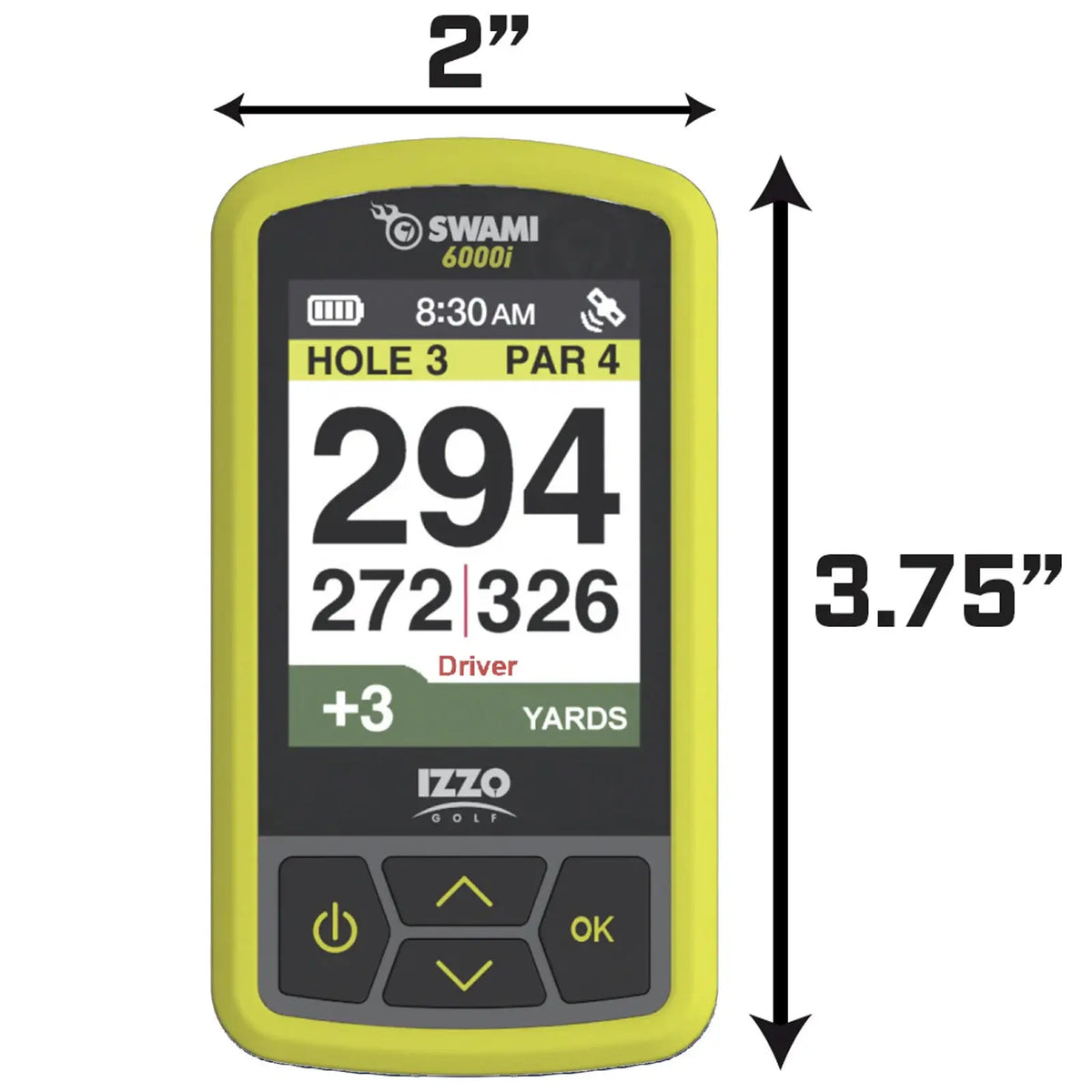 A yellow and black golf GPS device displays a screen showing hole information with yardage details including 294 yards and additional measurements for the hole while surrounded by button controls at the bottom.
