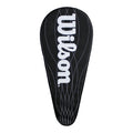 A black tennis racket cover displays the white logo "Wilson" prominently on the front with curved lines running vertically across it, designed to protect and carry a tennis racket.
