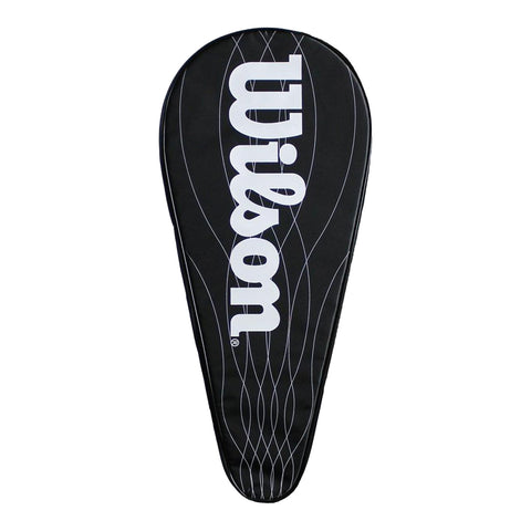 A black tennis racket cover displays the white logo "Wilson" prominently on the front with curved lines running vertically across it, designed to protect and carry a tennis racket.