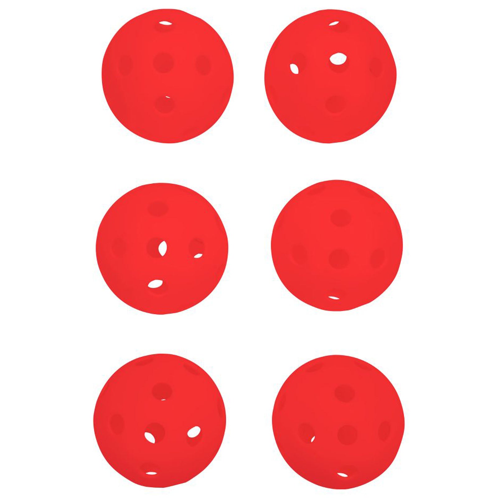 Six red plastic balls are arranged in two rows of three each displaying various hole patterns suggesting use in games or sports within a neutral background.