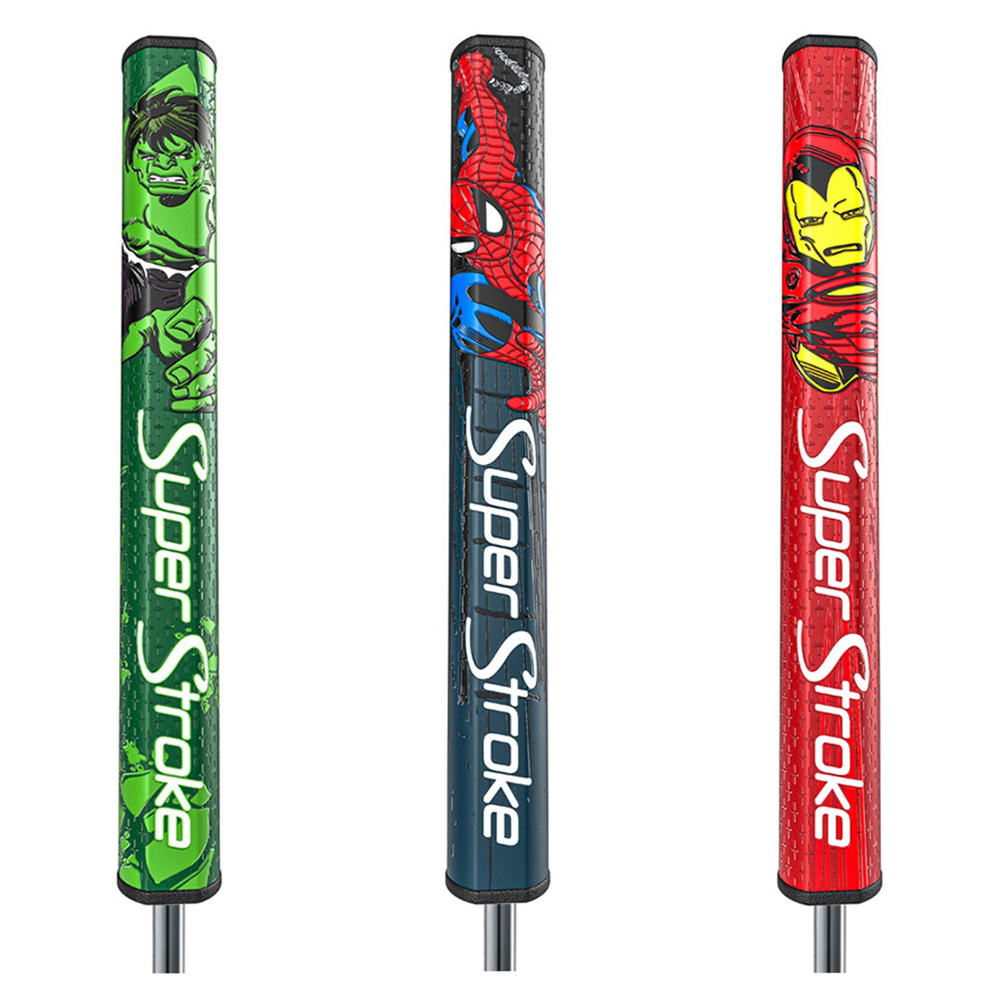 Three golf club grips are displayed side by side each featuring a distinct character design. The left grip is green with Hulk artwork the center grip shows Spider-Man and the right grip displays Iron Man. All grips have the text Super Stroke prominently featured.