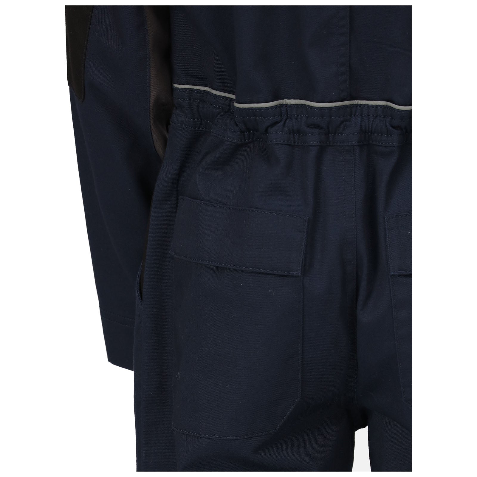 A dark blue jumpsuit is displayed with visible pockets on the back. The fabric appears durable and is designed for functional use, likely in a work or industrial setting.