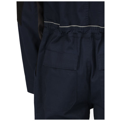 A dark blue jumpsuit is displayed with visible pockets on the back. The fabric appears durable and is designed for functional use, likely in a work or industrial setting.