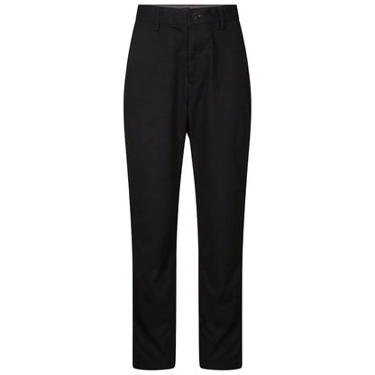 Black trousers are displayed standing upright showcasing a straight-leg fit and a buttoned waistband with a clean design set against a plain background.