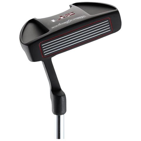 A black golf putter with a striped face sits upright on a metallic shaft featuring a rubber grip showcasing a sleek design suitable for use on a putting green.