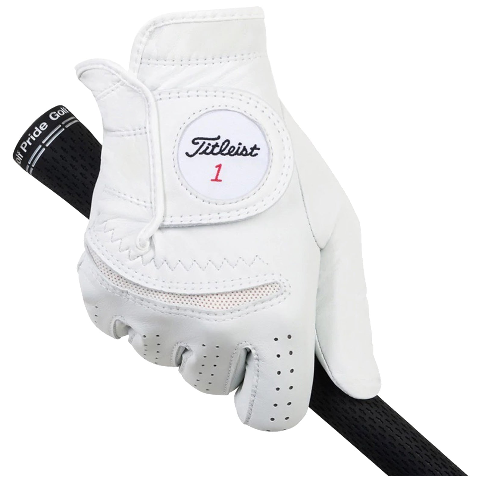 A white golf glove is gripping a black golf club shaft the glove features a circular patch with the Titleist logo and the number one in red the background is plain and neutral