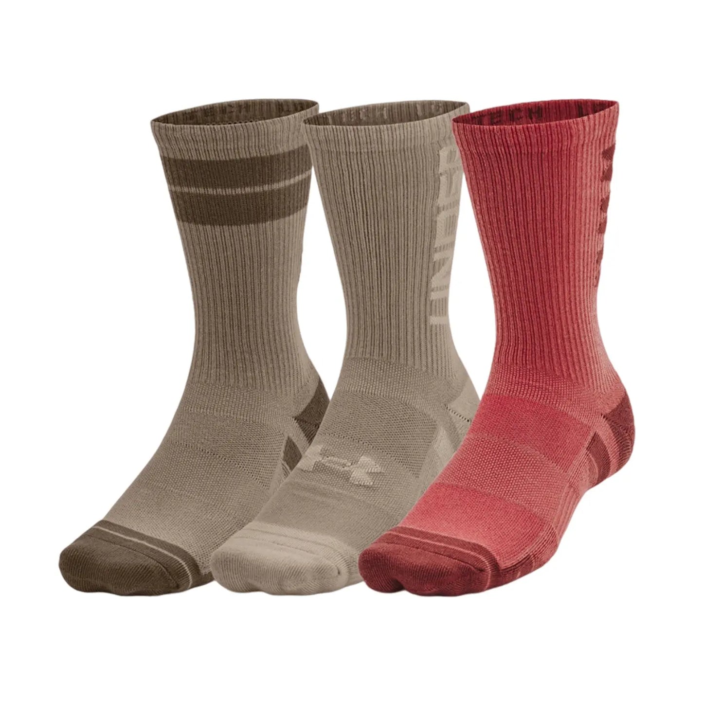 Three pairs of socks are displayed upright featuring various shades of beige and one in red with different patterns and textures against a plain white background.