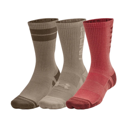 Three pairs of socks are displayed upright featuring various shades of beige and one in red with different patterns and textures against a plain white background.