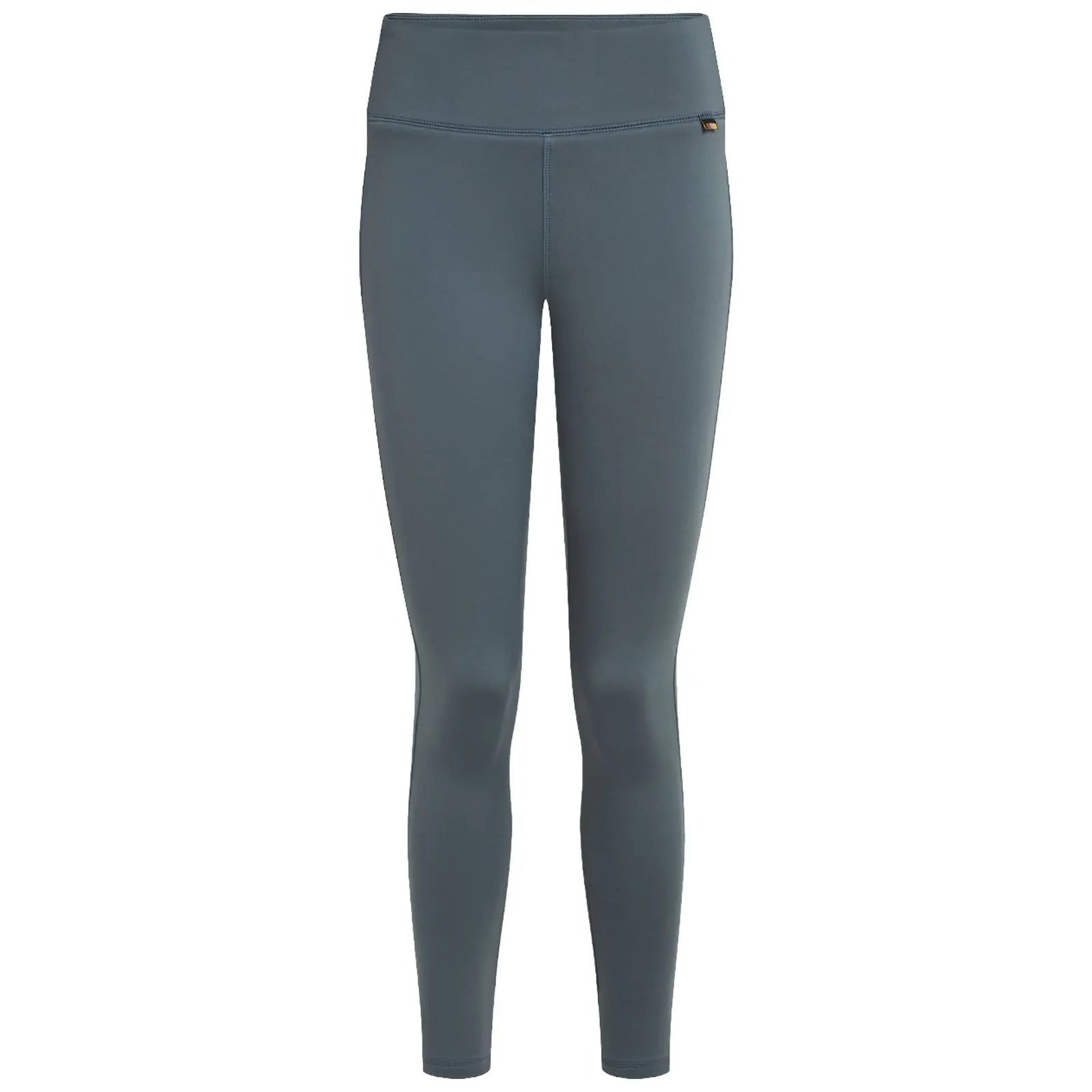 Dark gray leggings are displayed straight on a neutral background showcasing a smooth texture and a high waistband suitable for active wear or casual use.