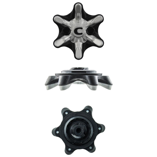 Three distinct star-shaped golf shoe cleats are stacked vertically, each featuring a central circular opening and a textured surface with ridges, designed for enhanced traction on the course.