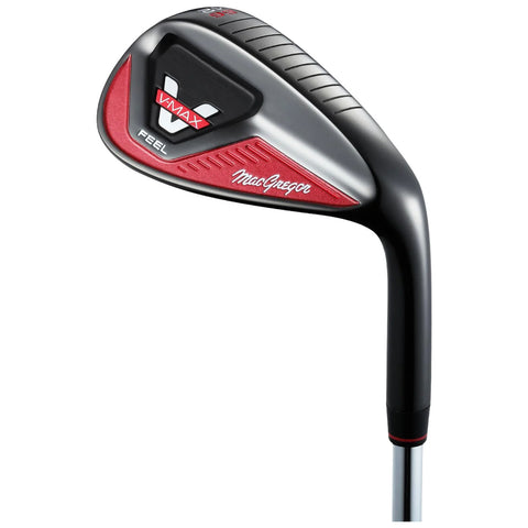 A golf wedge with a sleek black and red design rests upright showcasing its angled club face and smooth shaft intended for precision shots on the golf course.