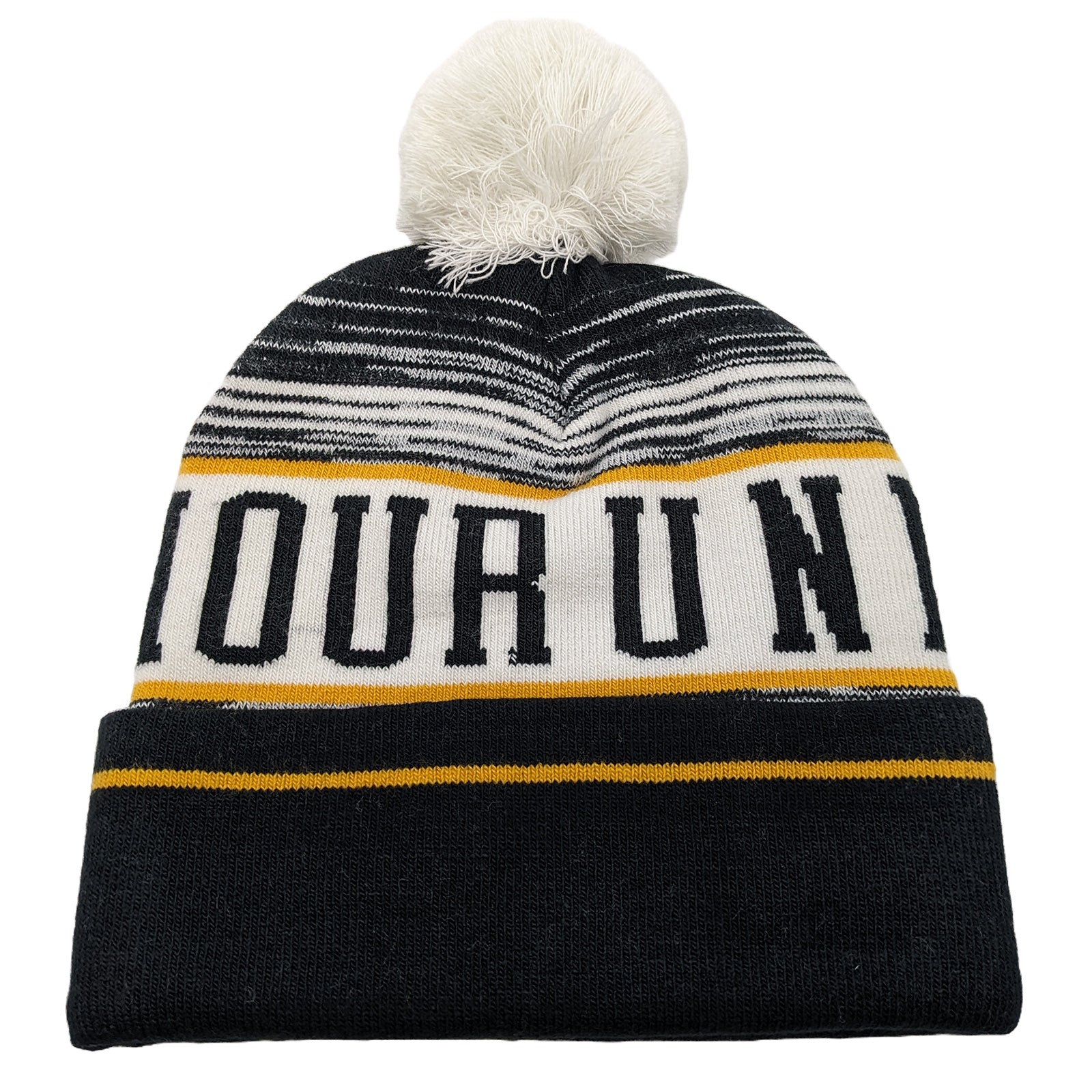 A knitted beanie with a white pom-pom on top features horizontal stripes and large letters reading "HOURUN" in black on a white band, surrounded by darker colors.