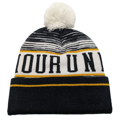 A knitted beanie with a white pom-pom on top features horizontal stripes and large letters reading "HOURUN" in black on a white band, surrounded by darker colors.