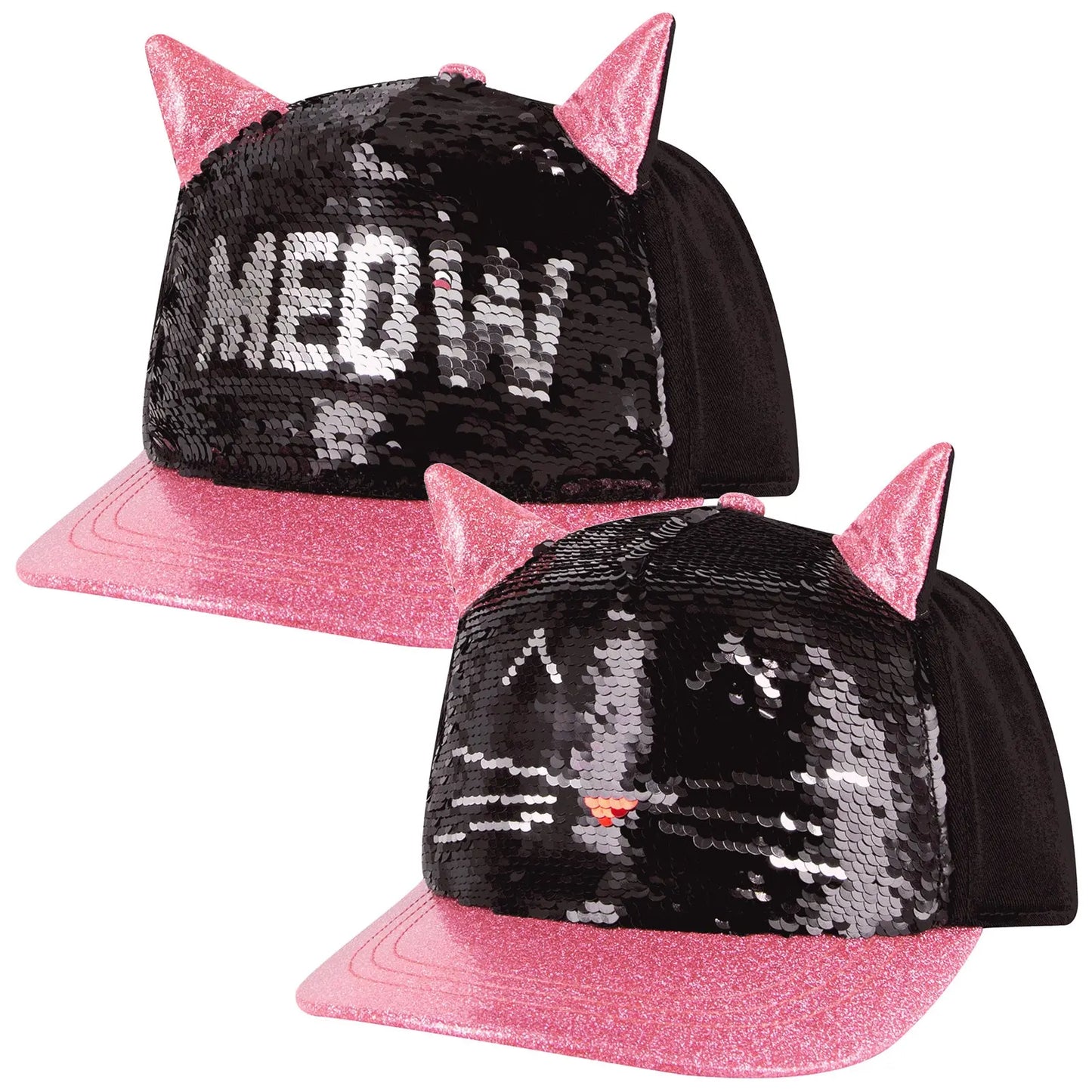 A black cap with sequins features pink cat ears and a shiny pink brim displaying the word MEOW in sequins creating a whimsical and playful design suitable for casual wear.