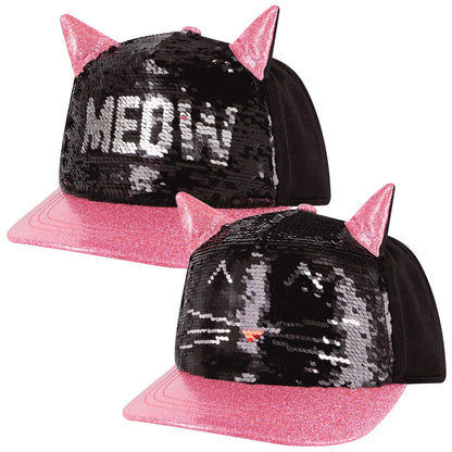 A black cap with sequins features pink cat ears and a shiny pink brim displaying the word MEOW in sequins creating a whimsical and playful design suitable for casual wear.