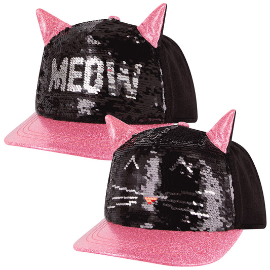 A black cap with sequins features pink cat ears and a shiny pink brim displaying the word MEOW in sequins creating a whimsical and playful design suitable for casual wear.