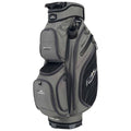 A gray golf bag stands upright designed to hold golf clubs with multiple compartments for accessories featuring a water bottle holder and branded logos in a simple yet functional design.